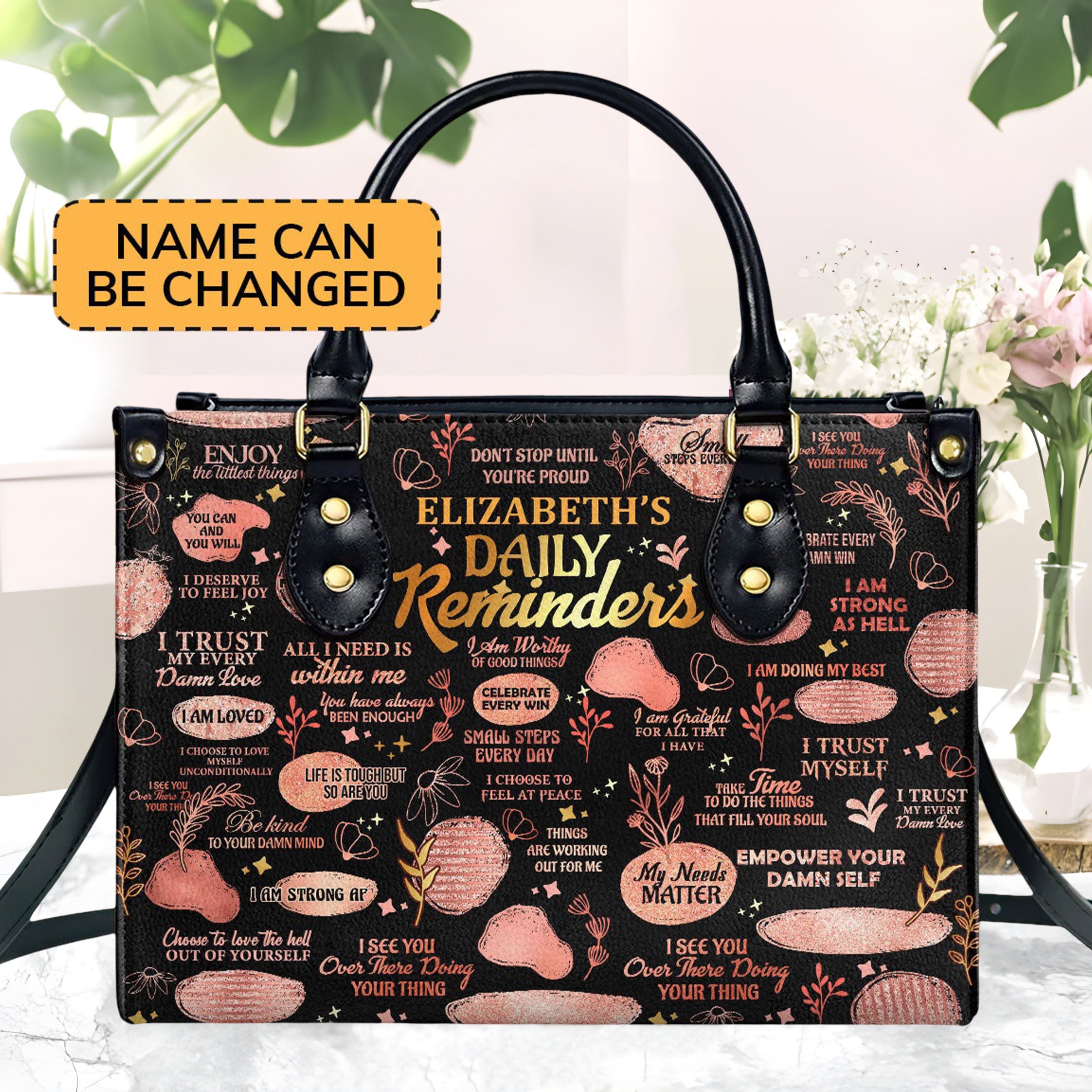 Personalized Daily Reminder Leather Handbag, Custom Name Inspirational Affirmation Purse, Motivational Quote Tote for Women BLAF31